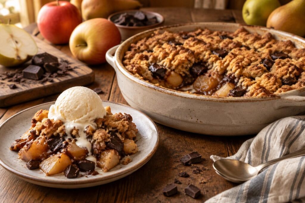 découvrez nos recettes de crumble pomme, poire et chocolat : un dessert gourmand, facile à préparer et parfait pour toutes les occasions.